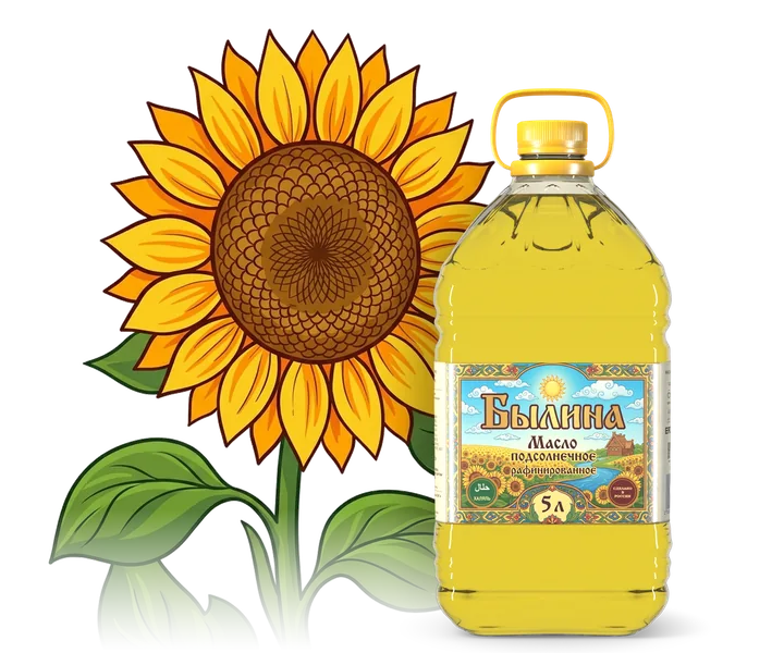 بوتل ۵ لیتری روغن «بیلینا» در کنار گل آفتاب‌پرست